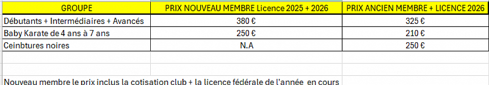 Tarifs Saison 2025-2026