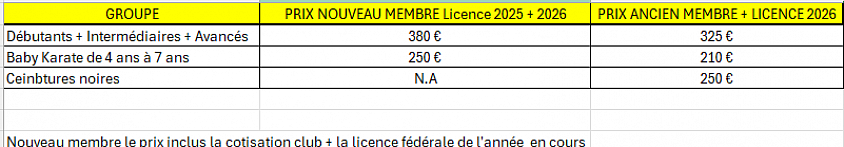 Tarifs Saison 2026-2027